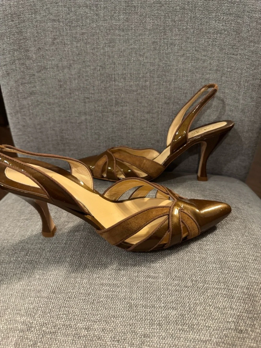 Cole Haan Brown Patent Leather Slingback Heels Size 8 Pointed Toe Suede Strappy - Picture 7 of 8
